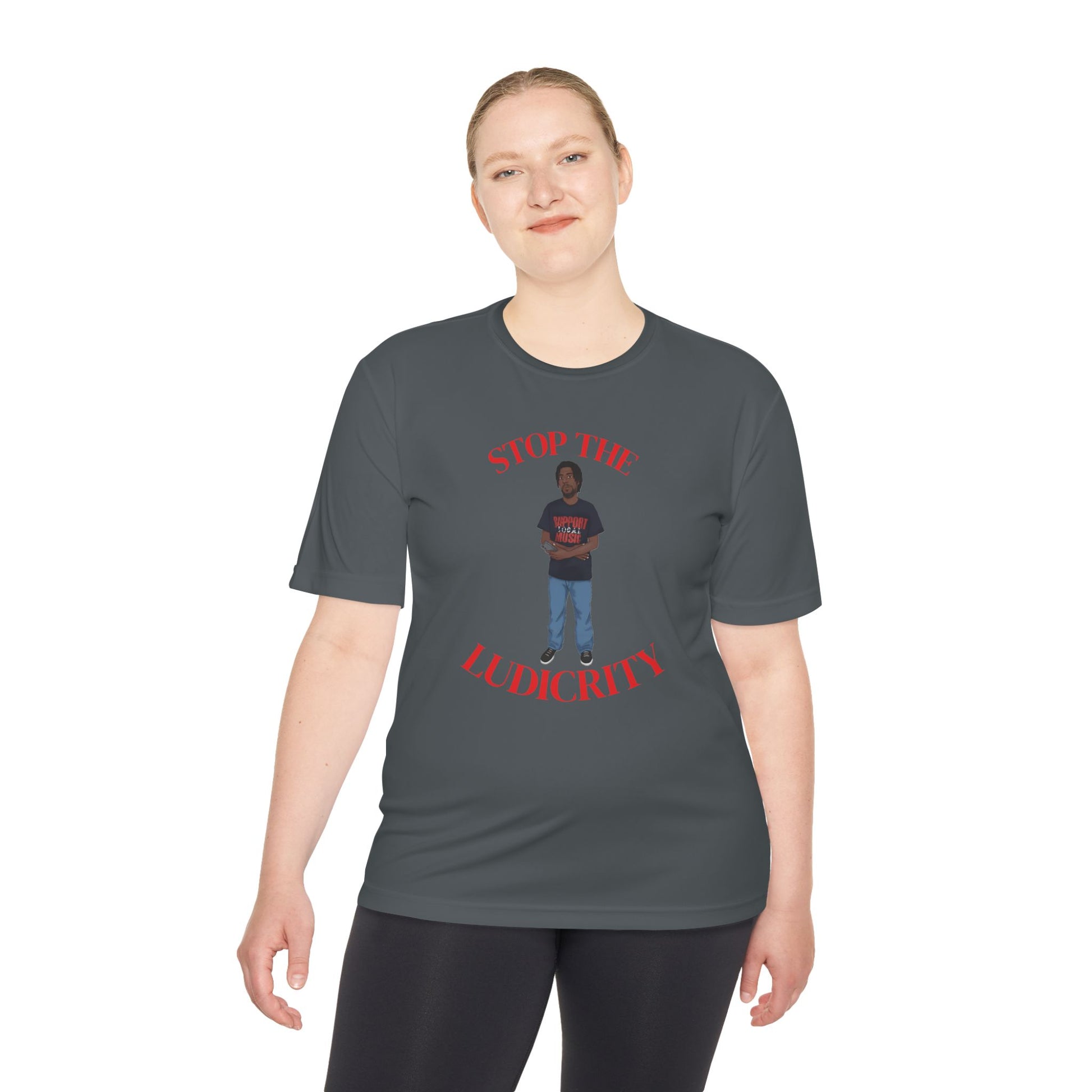 Stop the Ludicrity Unisex Moisture Wicking Tee, Casual Summer Shirt, Funny Activewear, Gift for Friends, Statement Tee