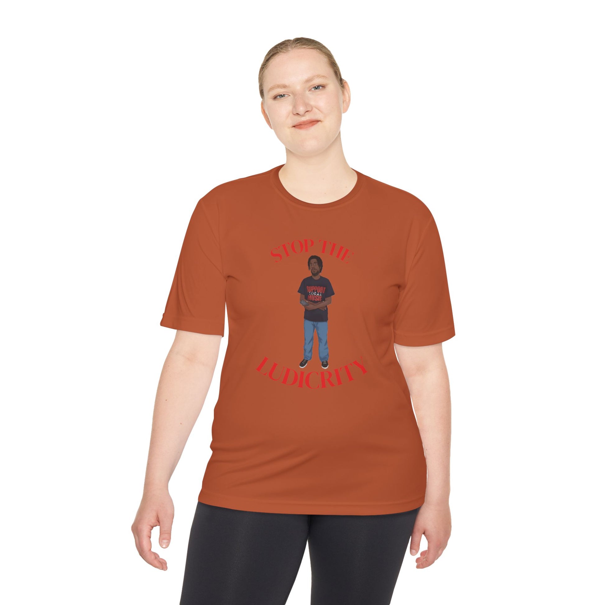 Stop the Ludicrity Unisex Moisture Wicking Tee, Casual Summer Shirt, Funny Activewear, Gift for Friends, Statement Tee