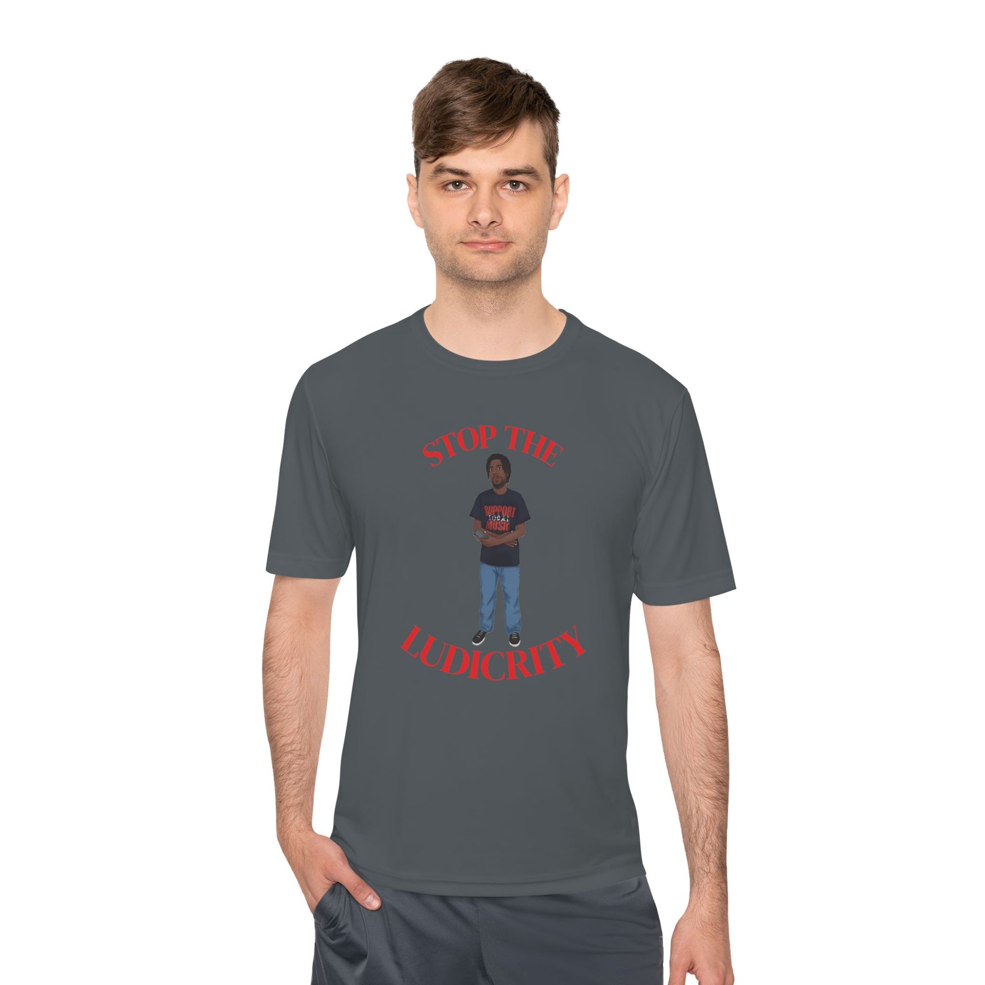 Stop the Ludicrity Unisex Moisture Wicking Tee, Casual Summer Shirt, Funny Activewear, Gift for Friends, Statement Tee