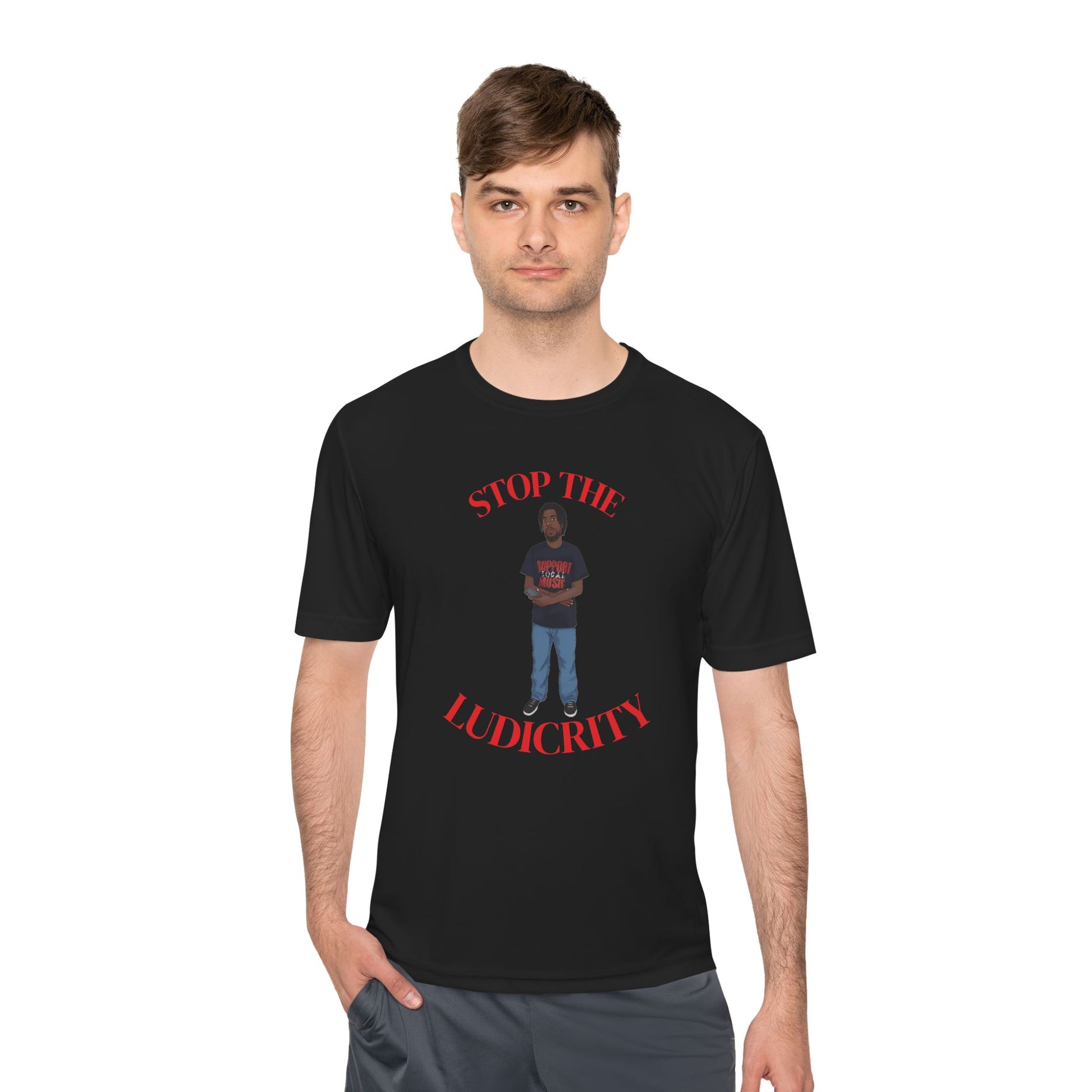 Stop the Ludicrity Unisex Moisture Wicking Tee, Casual Summer Shirt, Funny Activewear, Gift for Friends, Statement Tee