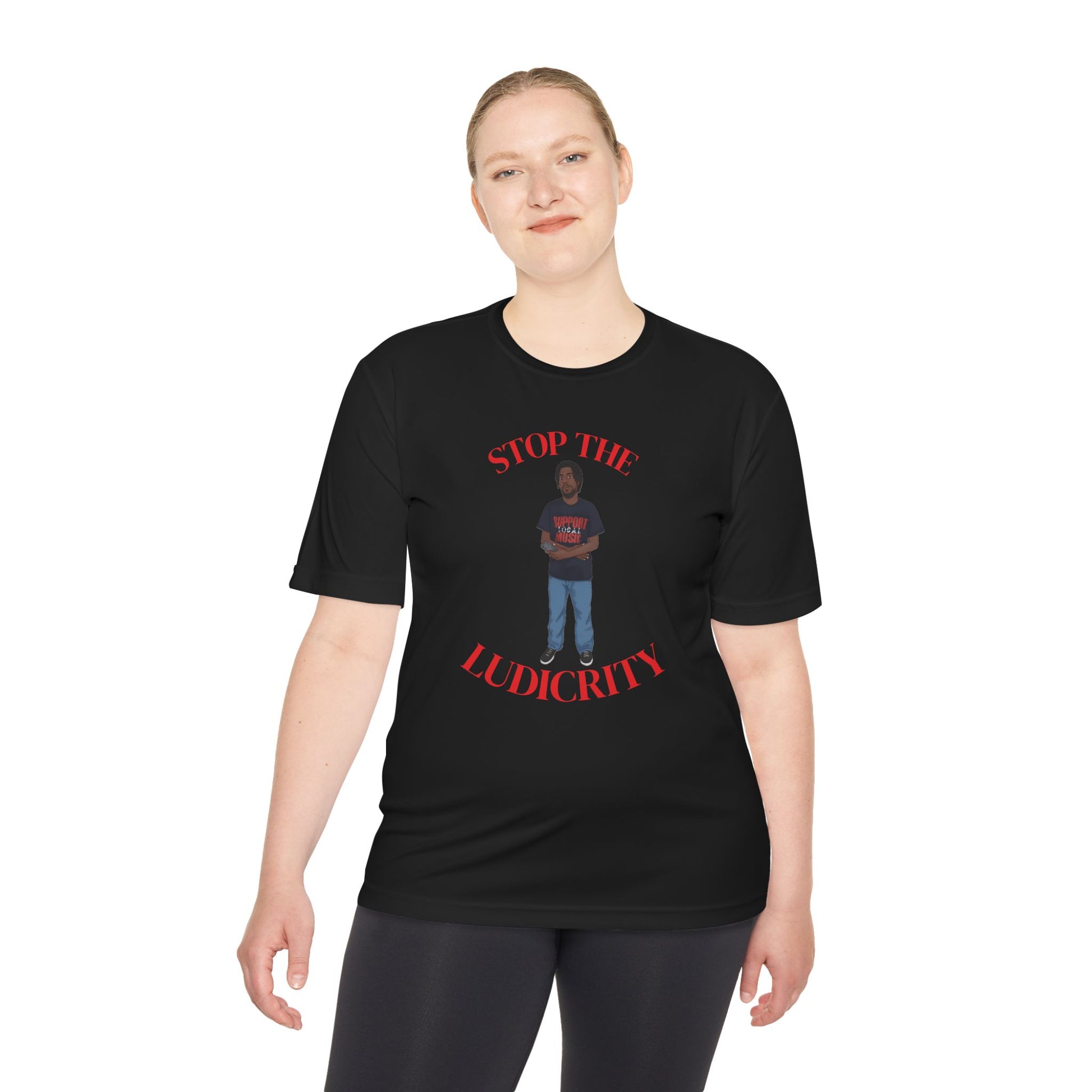 Stop the Ludicrity Unisex Moisture Wicking Tee, Casual Summer Shirt, Funny Activewear, Gift for Friends, Statement Tee