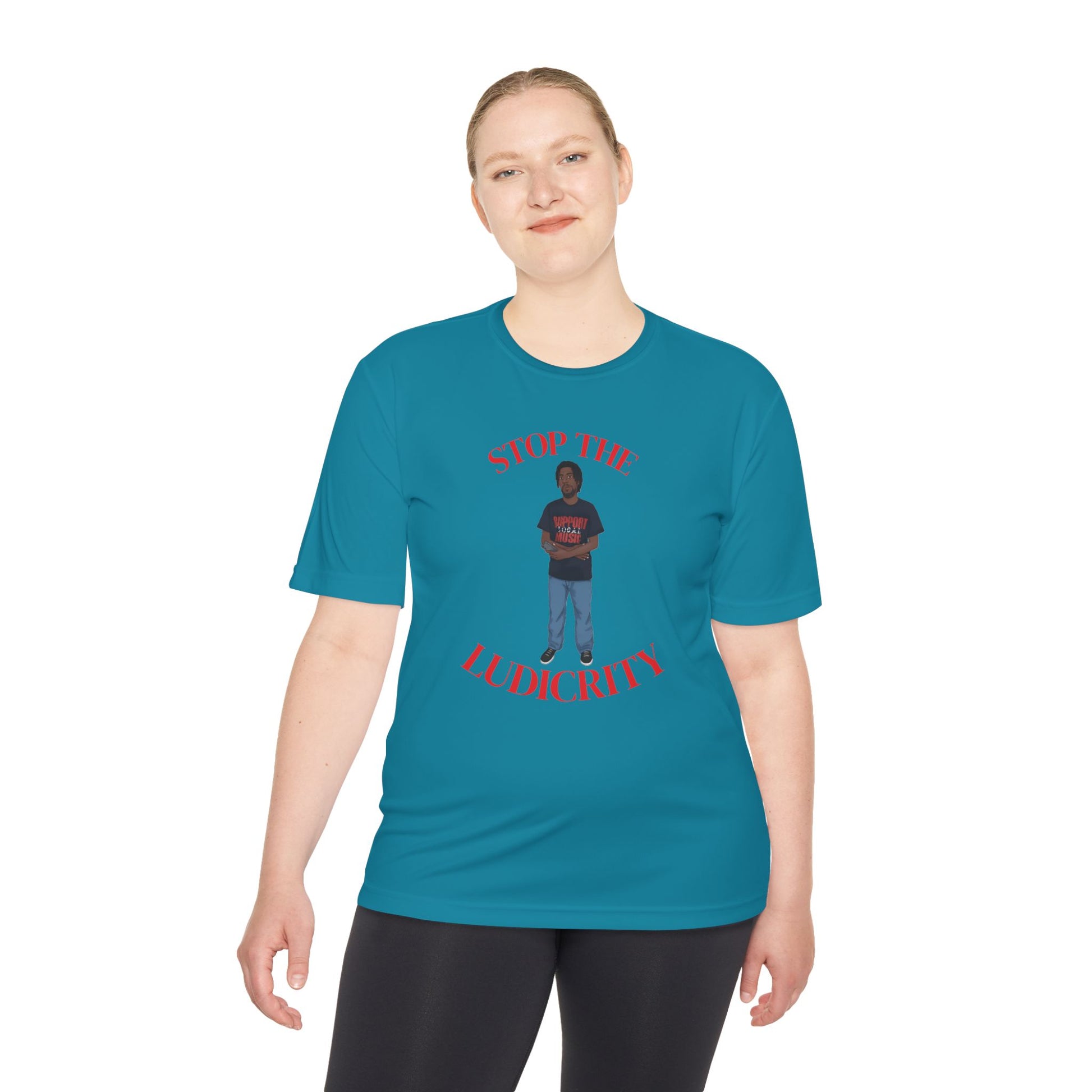 Stop the Ludicrity Unisex Moisture Wicking Tee, Casual Summer Shirt, Funny Activewear, Gift for Friends, Statement Tee