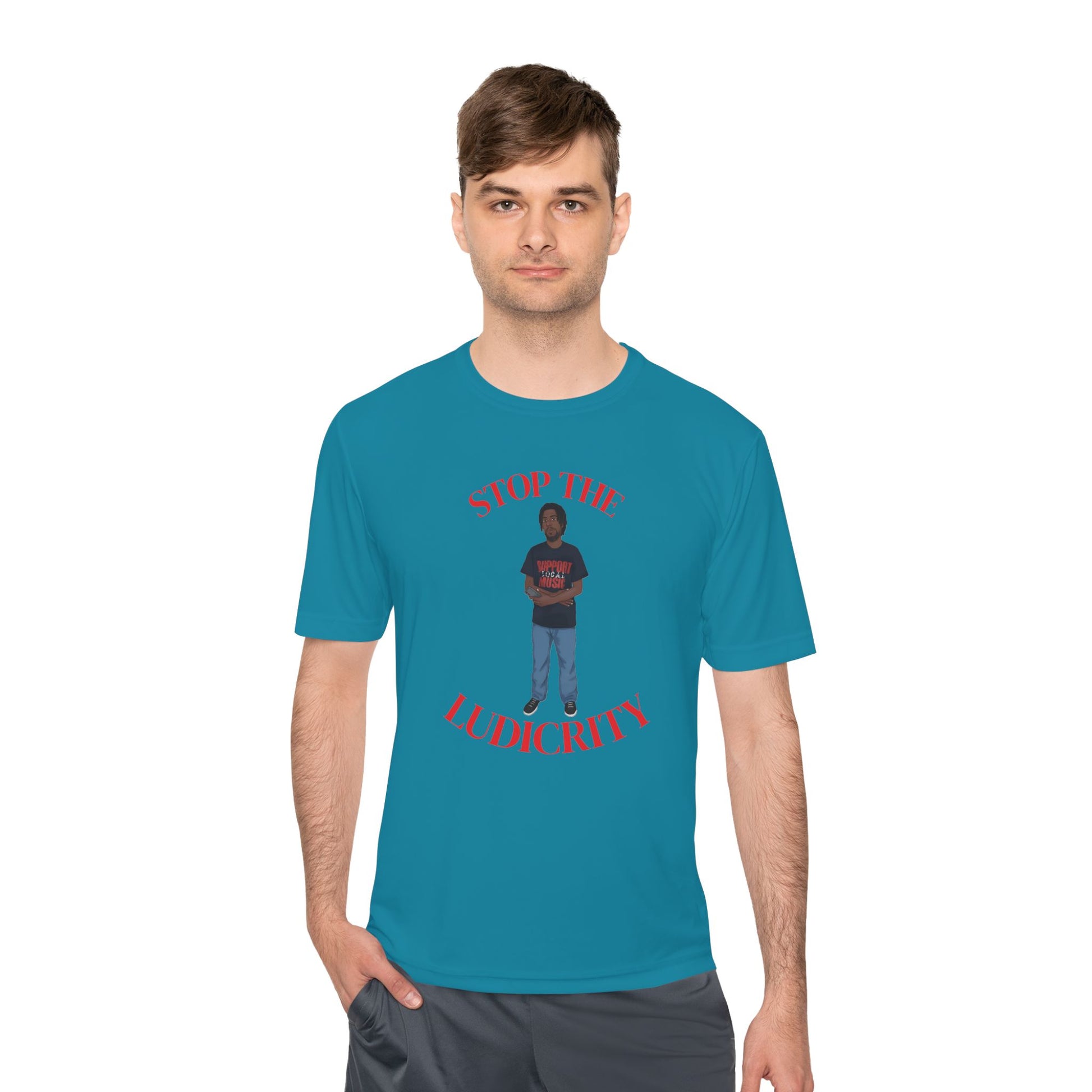 Stop the Ludicrity Unisex Moisture Wicking Tee, Casual Summer Shirt, Funny Activewear, Gift for Friends, Statement Tee