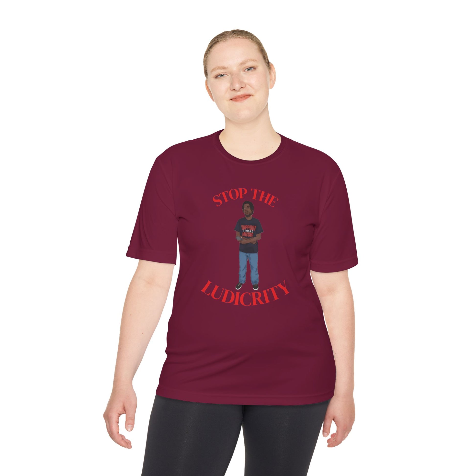 Stop the Ludicrity Unisex Moisture Wicking Tee, Casual Summer Shirt, Funny Activewear, Gift for Friends, Statement Tee