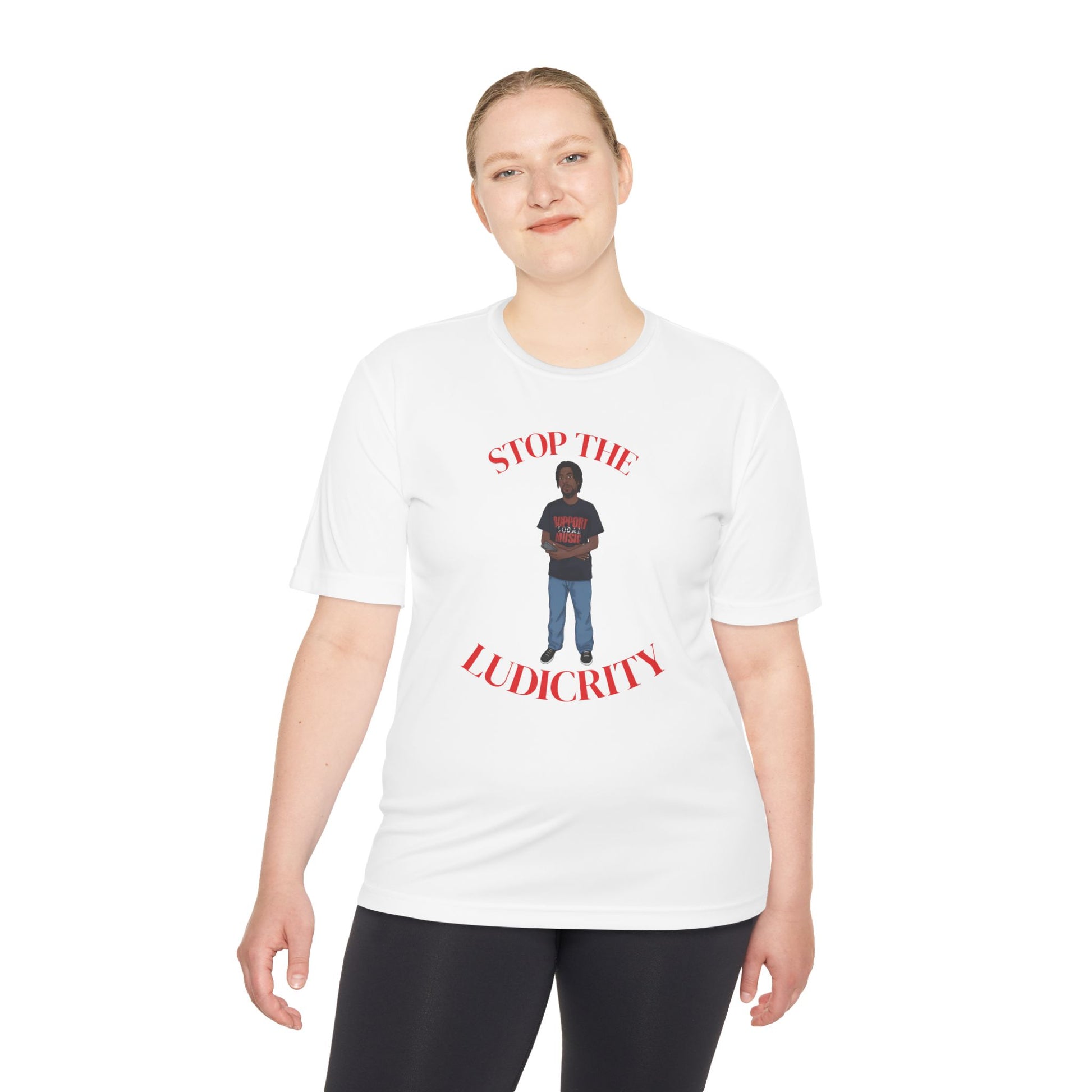 Stop the Ludicrity Unisex Moisture Wicking Tee, Casual Summer Shirt, Funny Activewear, Gift for Friends, Statement Tee