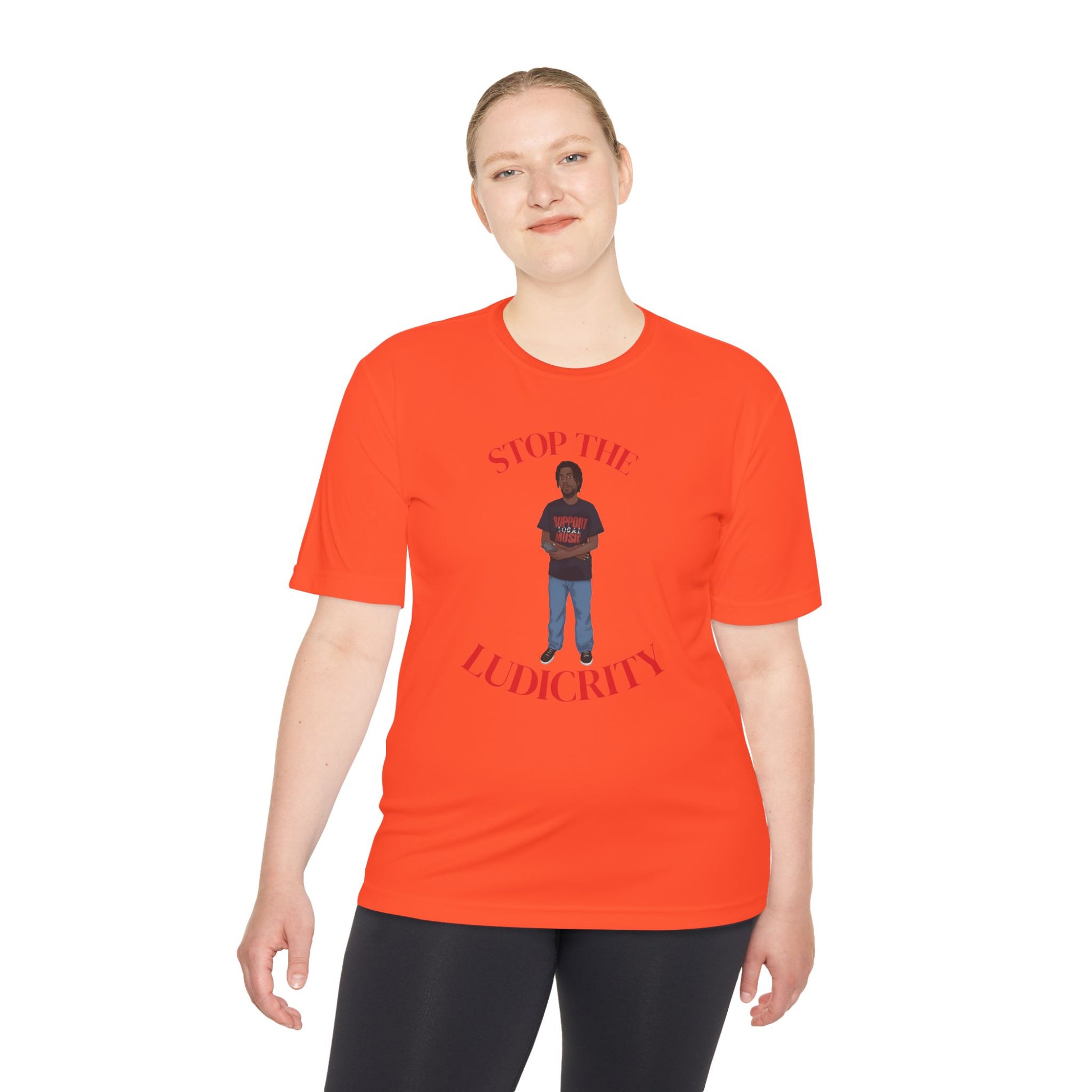 Stop the Ludicrity Unisex Moisture Wicking Tee, Casual Summer Shirt, Funny Activewear, Gift for Friends, Statement Tee