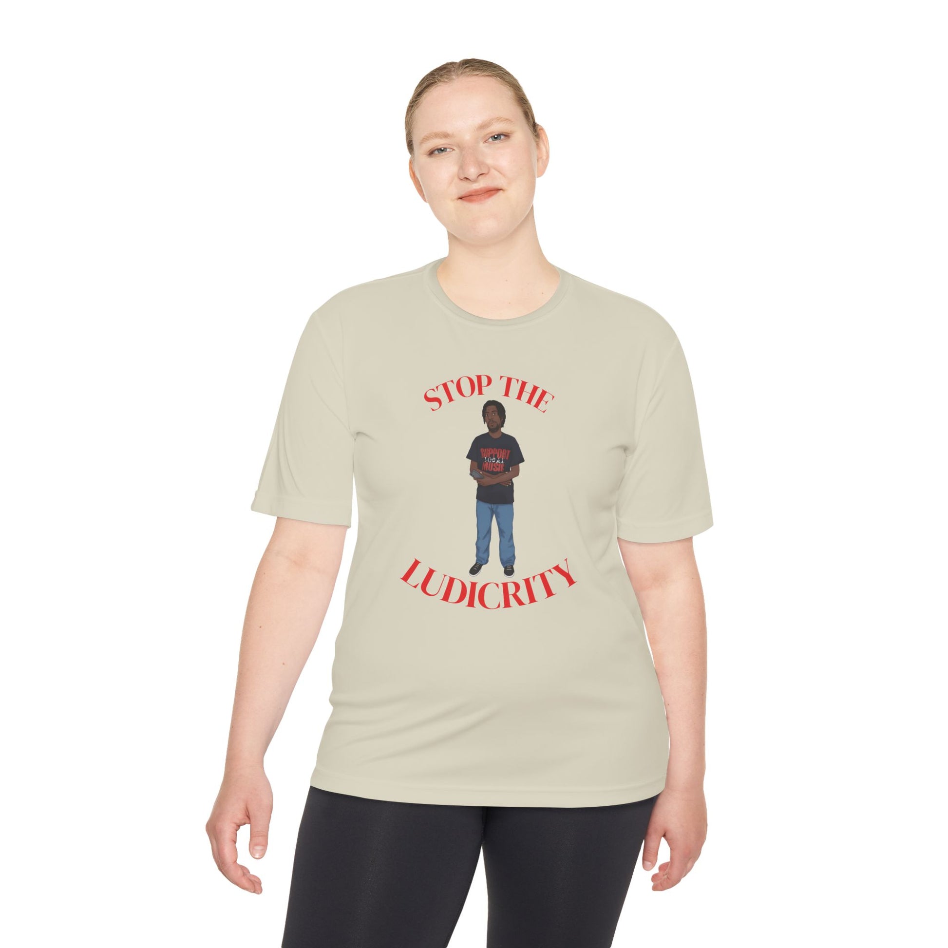 Stop the Ludicrity Unisex Moisture Wicking Tee, Casual Summer Shirt, Funny Activewear, Gift for Friends, Statement Tee