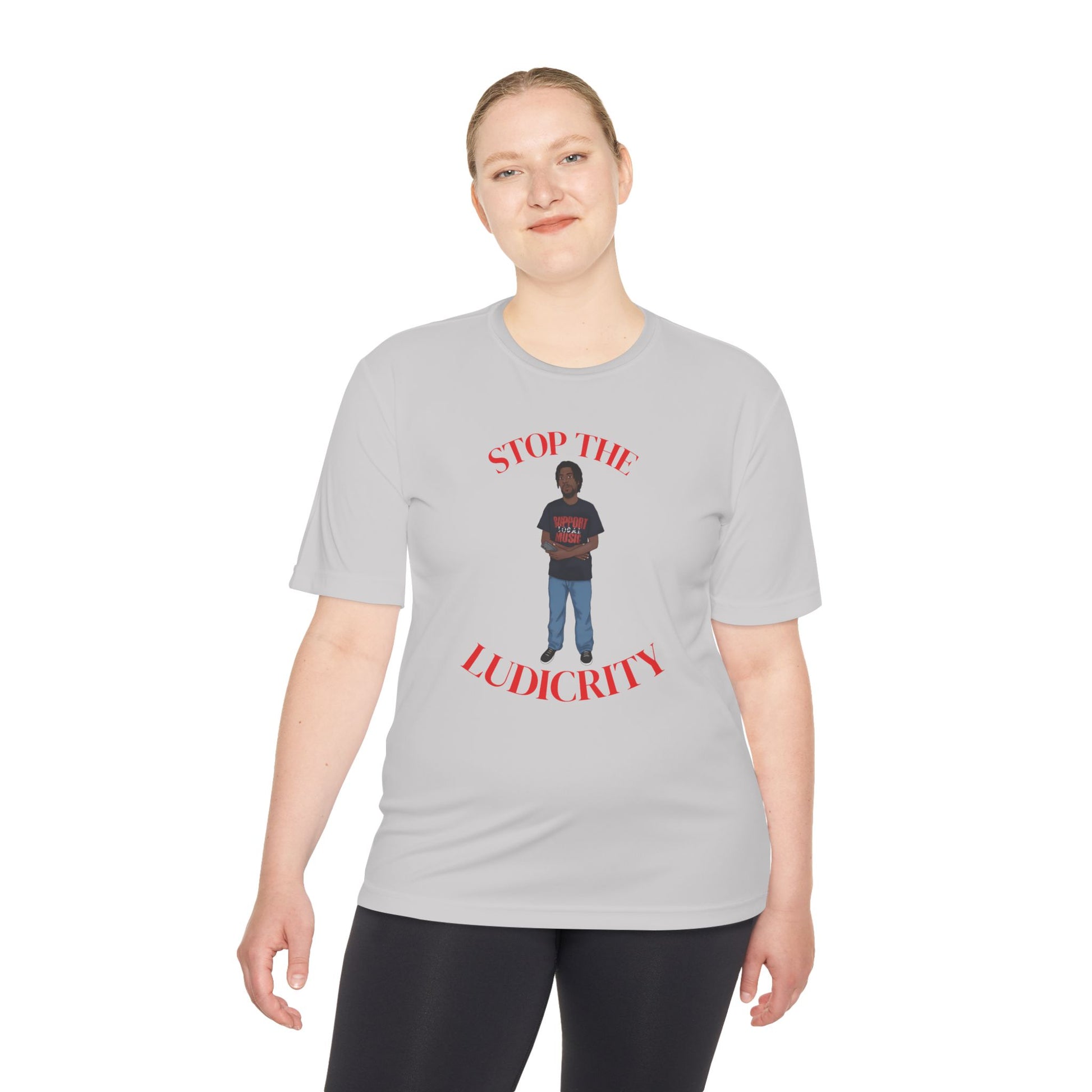 Stop the Ludicrity Unisex Moisture Wicking Tee, Casual Summer Shirt, Funny Activewear, Gift for Friends, Statement Tee