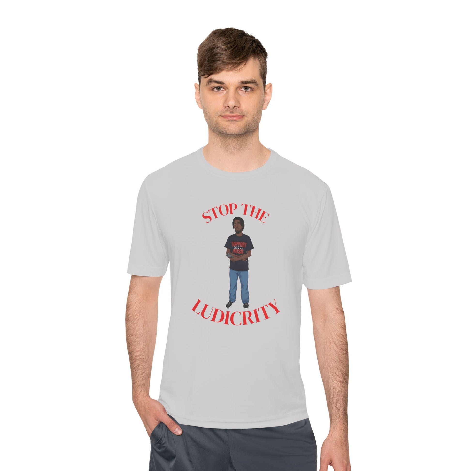 Stop the Ludicrity Unisex Moisture Wicking Tee, Casual Summer Shirt, Funny Activewear, Gift for Friends, Statement Tee